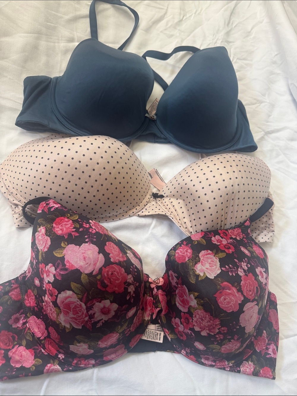 Body by victorya Victoria's Secret teal , Beige Polka Dot & Black Floral Bra